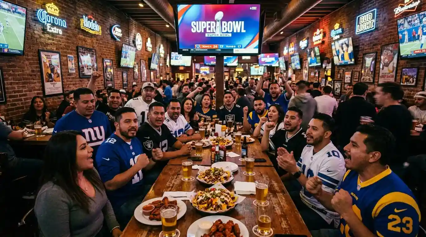 Aficionados en un estadio de fútbol americano durante el Super Bowl con pantallas mostrando momios de apuestas deportivas