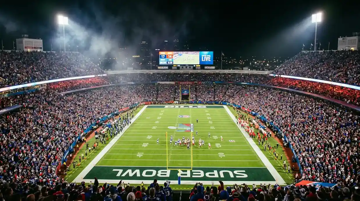 Estadio de fútbol americano iluminado durante el Super Bowl con ambiente de apuestas deportivas