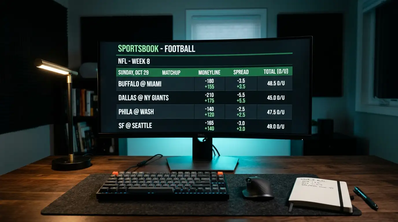 Pantalla de plataforma de apuestas deportivas mostrando mercados del Super Bowl con momios de moneyline y spread