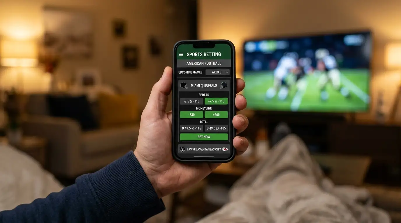 Persona usando una aplicación de apuestas deportivas en un teléfono móvil con la pantalla mostrando mercados del Super Bowl